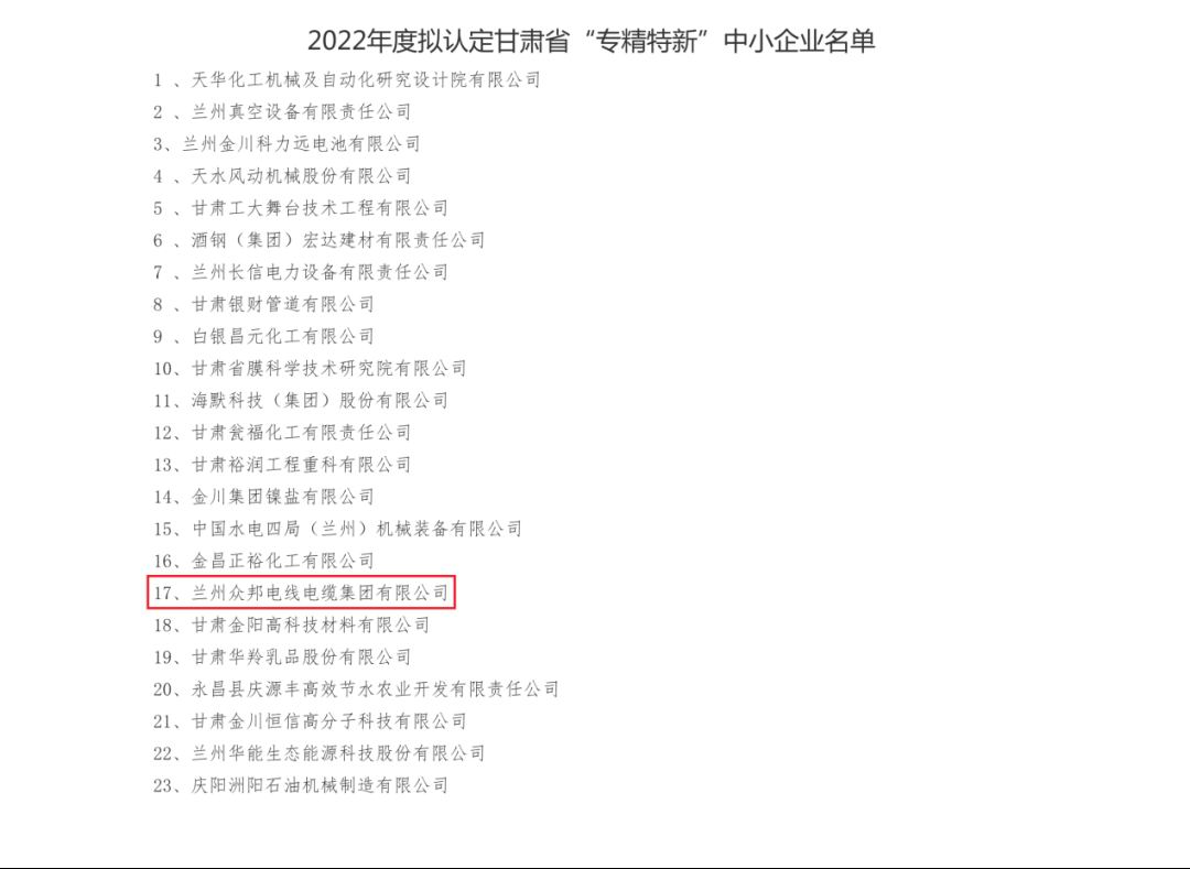 众邦电缆集团有限公司顺利通过“专精特新”企业认定
